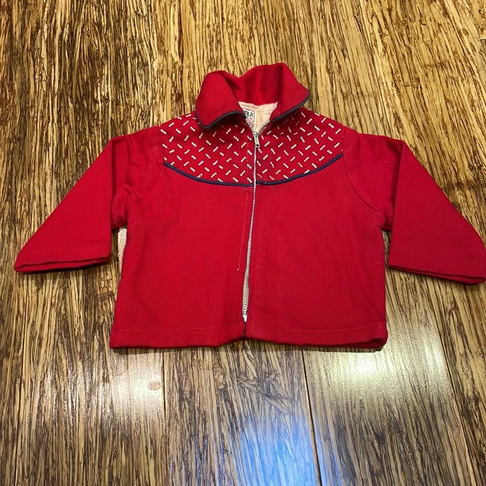 Vintage child’s red matching Christmas overalls and jacket set